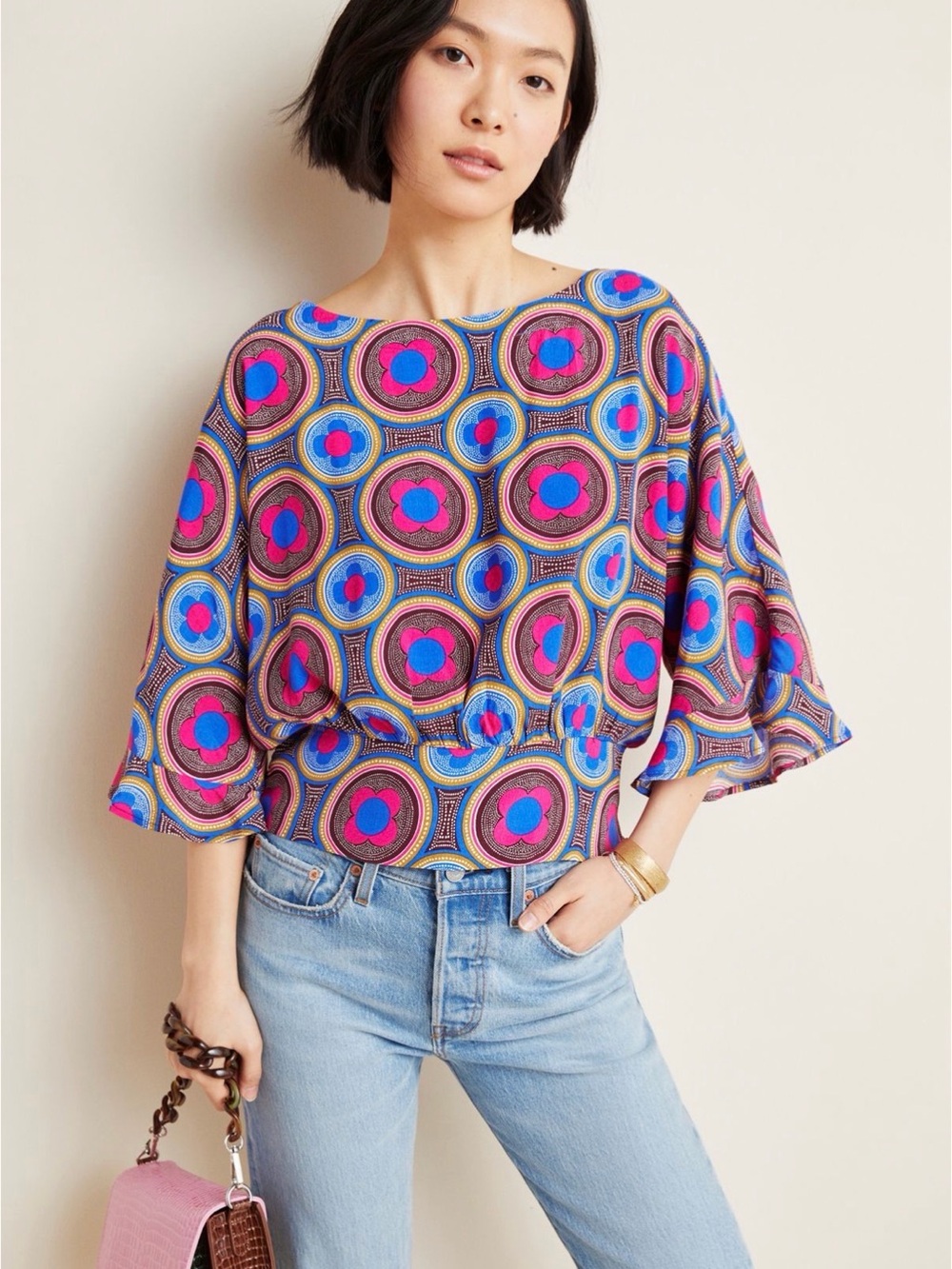 Anthropologie Maeve Miro Dolman Blouse Geometric Design Scoop Neck MED